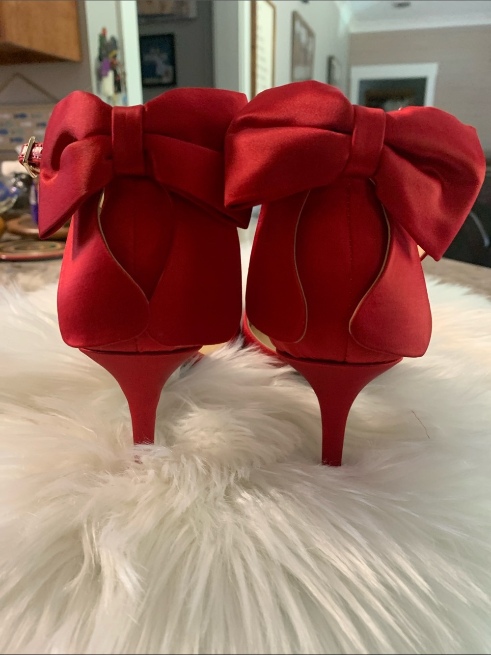 Red Satin Pointed-Toe Ankle-Strap Heels with Bow Accent by Jessica Simpson 9.5M - Picture 2 of 10